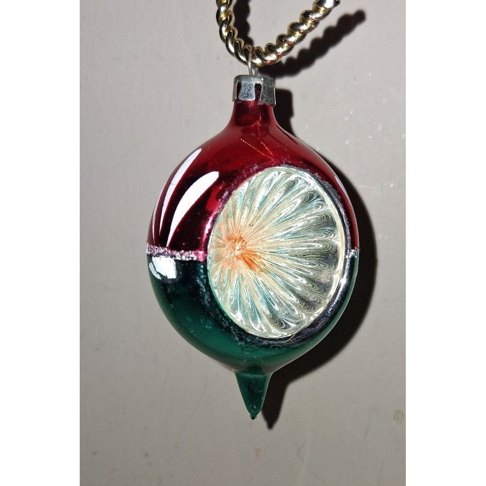 Vintage Poland Glass Christmas Ornament 3" Reflector Indent Red Green Finial